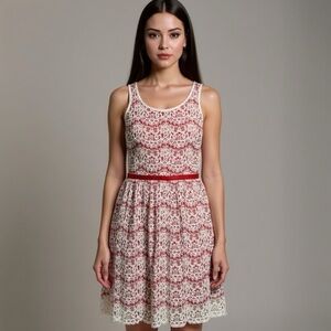 Red and White Lace Dress - Sleeveless Tank Top with Zip Up Back
